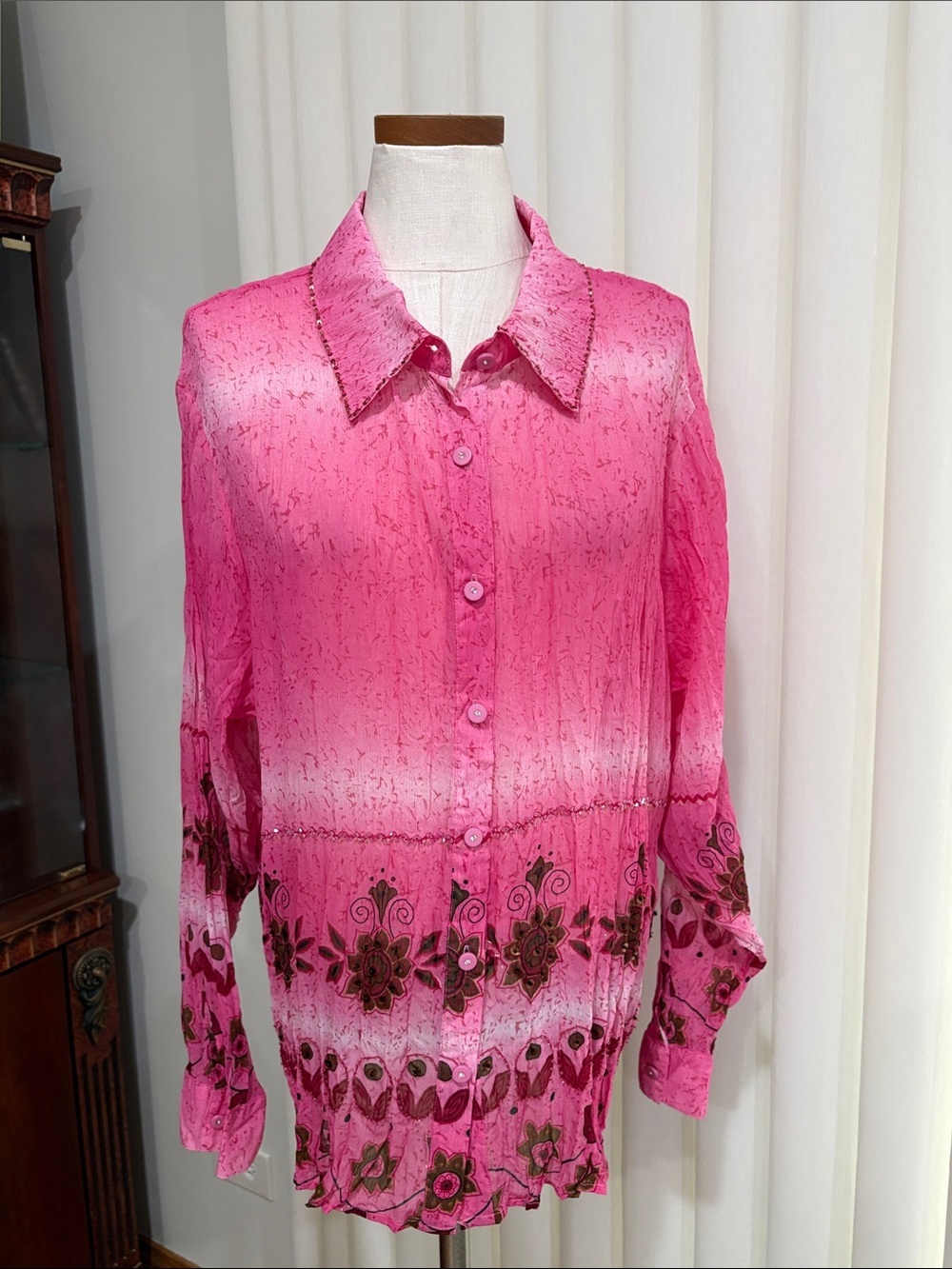 Pink Floral Gradient Button-Up gauze like Blouse beaded detail, gold shimmer 1X